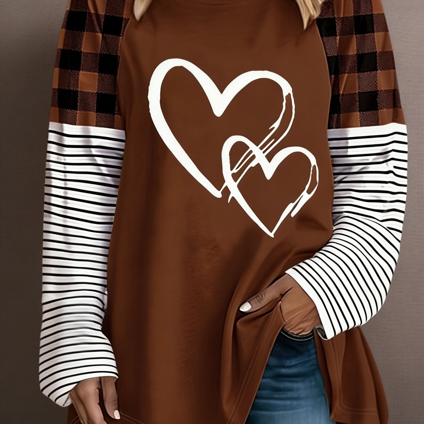 Plus Size - Plus Size - A Women'S Casual Long-Sleeve T-Shirt Featuring a Heart-Shaped Design, Made from Fabric, with a Round Neck Style, Part of The Autumn And Winter Collection, Available in Large Loose Sizes from 0XL to 9XL