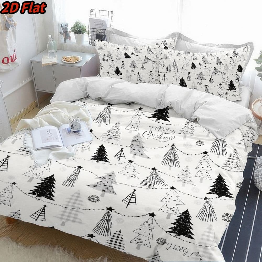 3pcs 2D Flat Christmas Tree Pattern Duvet Cover - Winter Holiday Themed Bedding, Black White Sketch Design, Soft Microfiber Fabric, Zippered Closure, Easy Care Washable Comforter for Bedroom Decor, All-Season 1100% polyester