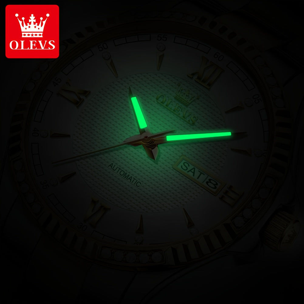 OLEVS Luxury Men'S Automatic Mechanical Watch with Luminous Hands & Dual Calendar - Stainless Steel Business Chronograph, Golden-Tone Dial, High Quality (1181.1inch) - Self-Winding Movement, No Battery/Easy Maintenance, Elega