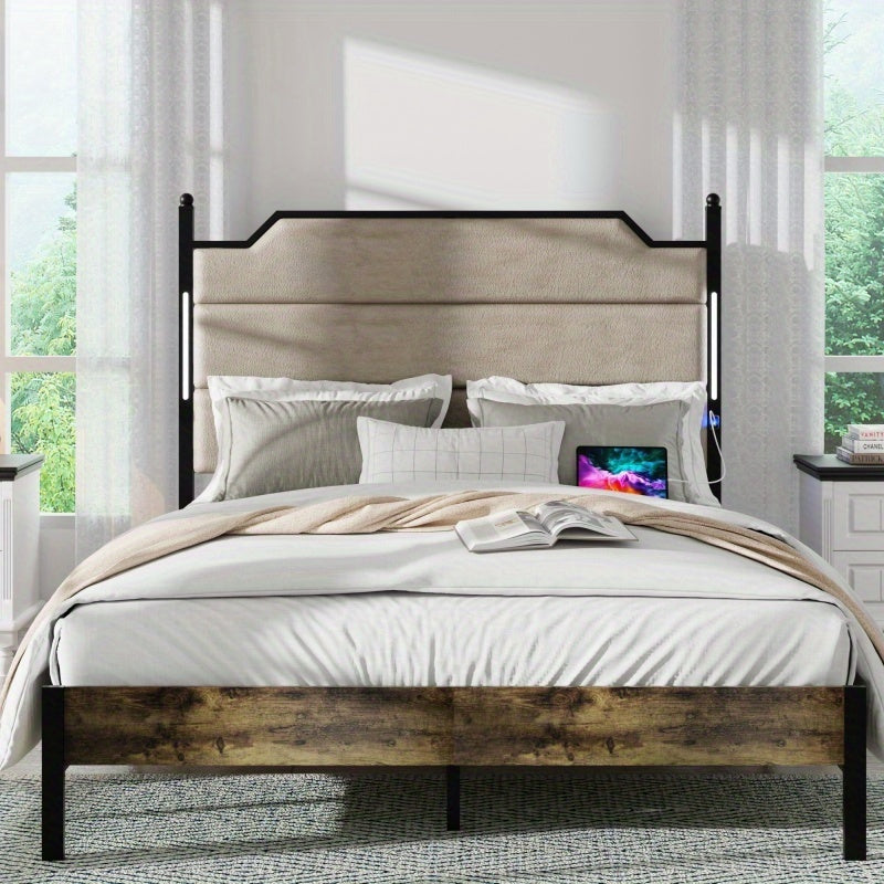 Modern Bed Frame with Built-in LED & Charging Hub, Heavy-Duty Metal Platform Bed with Panel Headboard, Tool-Free Assembly for King/Queen Size Beds, - for Smart Homes (No Wood)