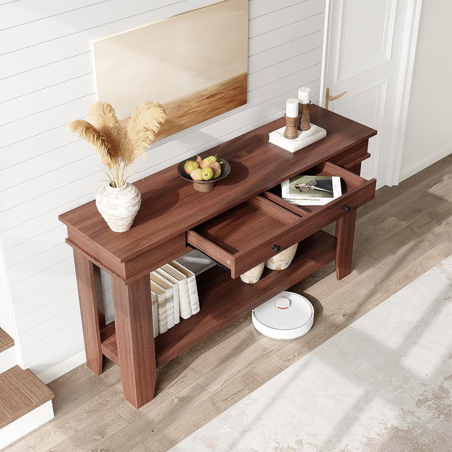 54-inch Solid/ Console Table with Drawers & Open Shelf - Modern Farmhouse Sofa Table Suitable for Entryway, Hallway, Living Room, Foyer - Sturdy Entry Table with Storage, Assembly Required for Narrow Hallways and Wide Spaces