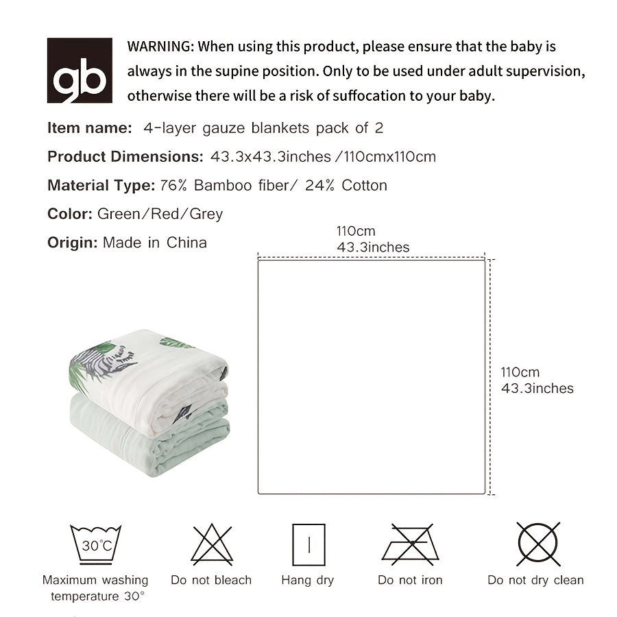 gb 2pcs Baby Gauze Blanket - 4-Layer Bamboo Cotton | 110x110cm/43.3*43.3in | Ultra-Soft, Breathable & Absorbent | Multi-Use for Swaddling, Nursing, Play & Travel | Bright Color Options