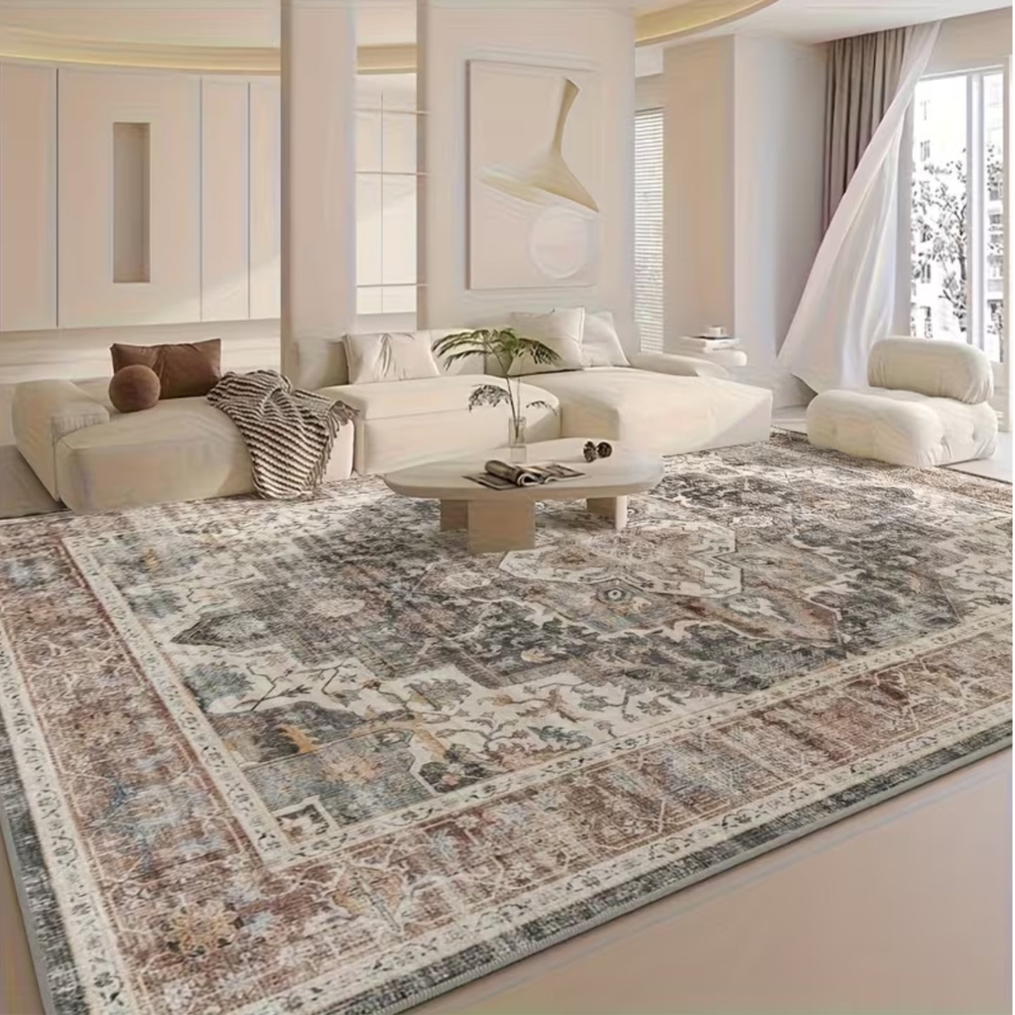 Vintage Floral Pattern Large Carpet | Non-Slip, Machine Washable Polyester Carpet for Living Room, Bedroom, Dining Room, Home Office, Entrance, Bathroom, Kitchen - Rectangle Shape, Bonded Pile
