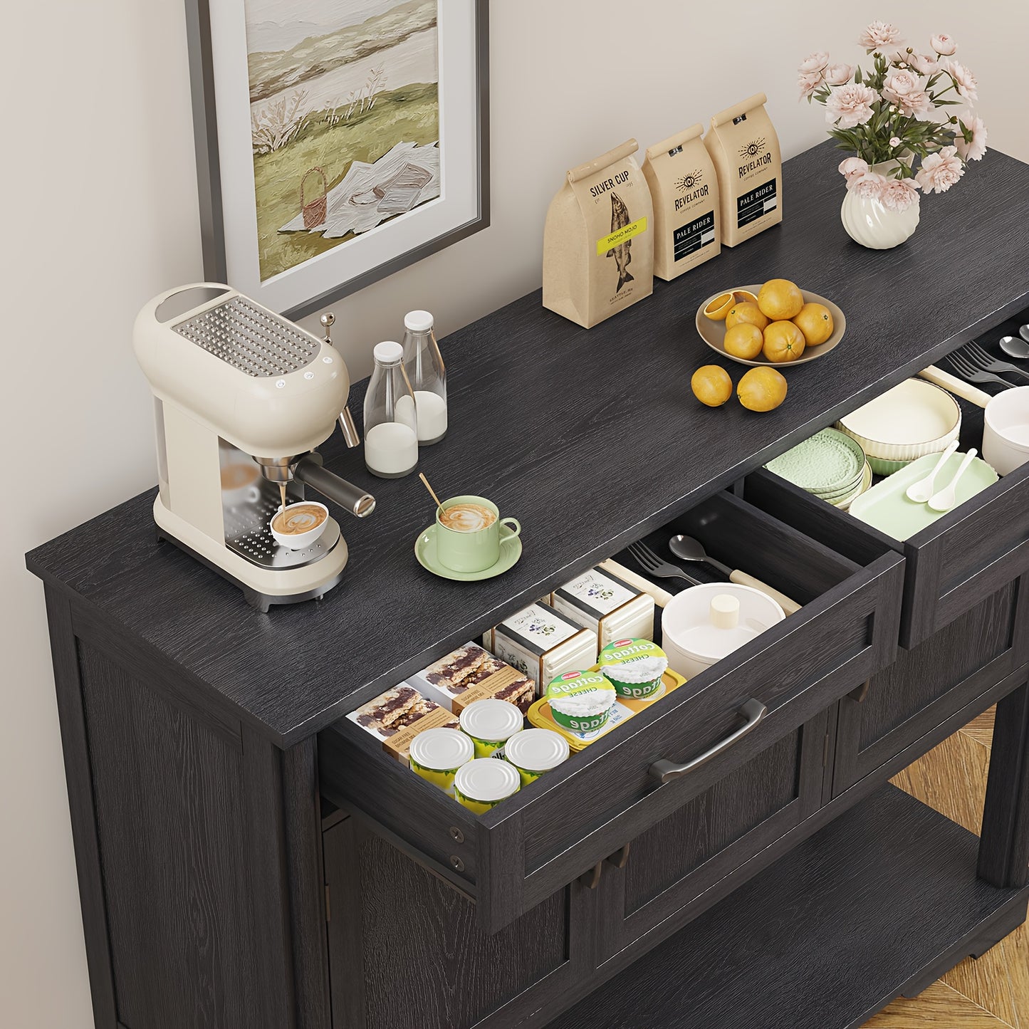 47.2 Inch Buffet Sideboard With Storage, Console Table With 2 Drawers And 3 Doors, Open Storage Shelf, Farmhouse Entryway Table With Adjustable Shelves, Coffee Bar Buffet Cabinet For Kitchen, Living Room, Black
