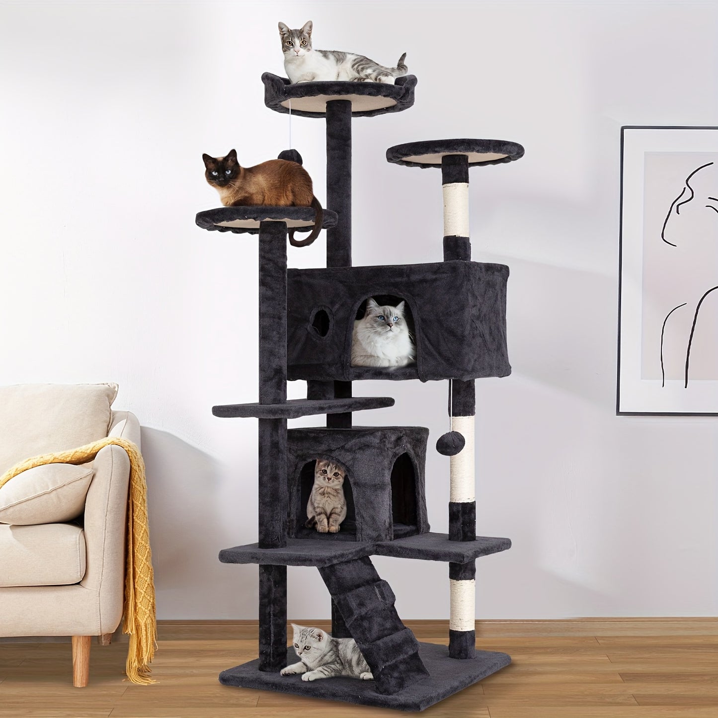 DOPINMIN 54in Cat Tree Tower For Indoor Cats, Multi-Level Furniture Activity Center With Scratching Posts Stand House Condo Funny Toys Kittens Pet Play House, Dark Gray