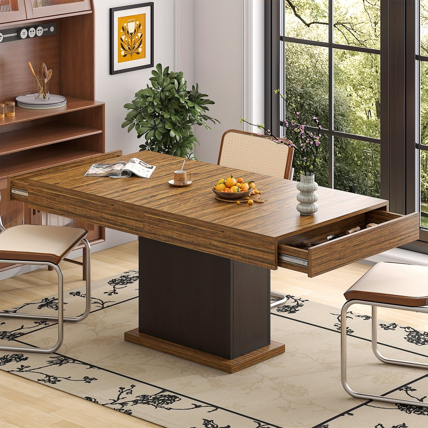 Dining Table for 6 People, Large Rectangular Wood Kitchen Table with 2 Drawers, Farmhouse Long Dining Table for Dining Room, Living Room, Kitchen, Black/ White, Tables for Dining Room, Kitchen Table with Storage, Round Kitche