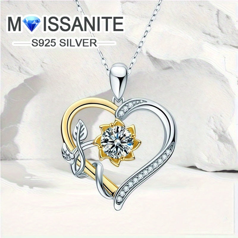 S925 Silvery 1 Carat Four-Claw Round Moissanite Fashionable Romantic Sunflower Heart-Shaped Women'S Pendant Necklace Clavicle Chain, Suitable for Daily Wear And Valentine'S Day Birthday Anniversary Gift for Mother And Friends