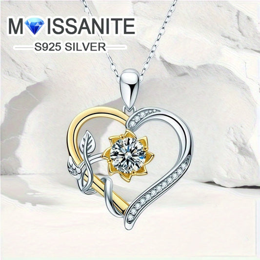 S925 Silvery 1 Carat Four-Claw Round Moissanite Fashionable Romantic Sunflower Heart-Shaped Women'S Pendant Necklace Clavicle Chain, Suitable for Daily Wear And Valentine'S Day Birthday Anniversary Gift for Mother And Friends