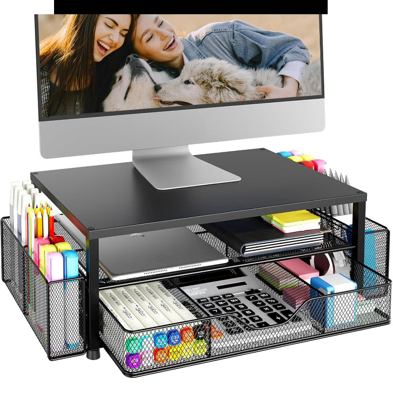 Desk Organizer And Accessories, 2-Tier Computer Monitor Stand Riser with Drawer And 2 Pen Holders, Laptop Stand, Printer Stand, Office Desk Accessories for Office Supplies, Black