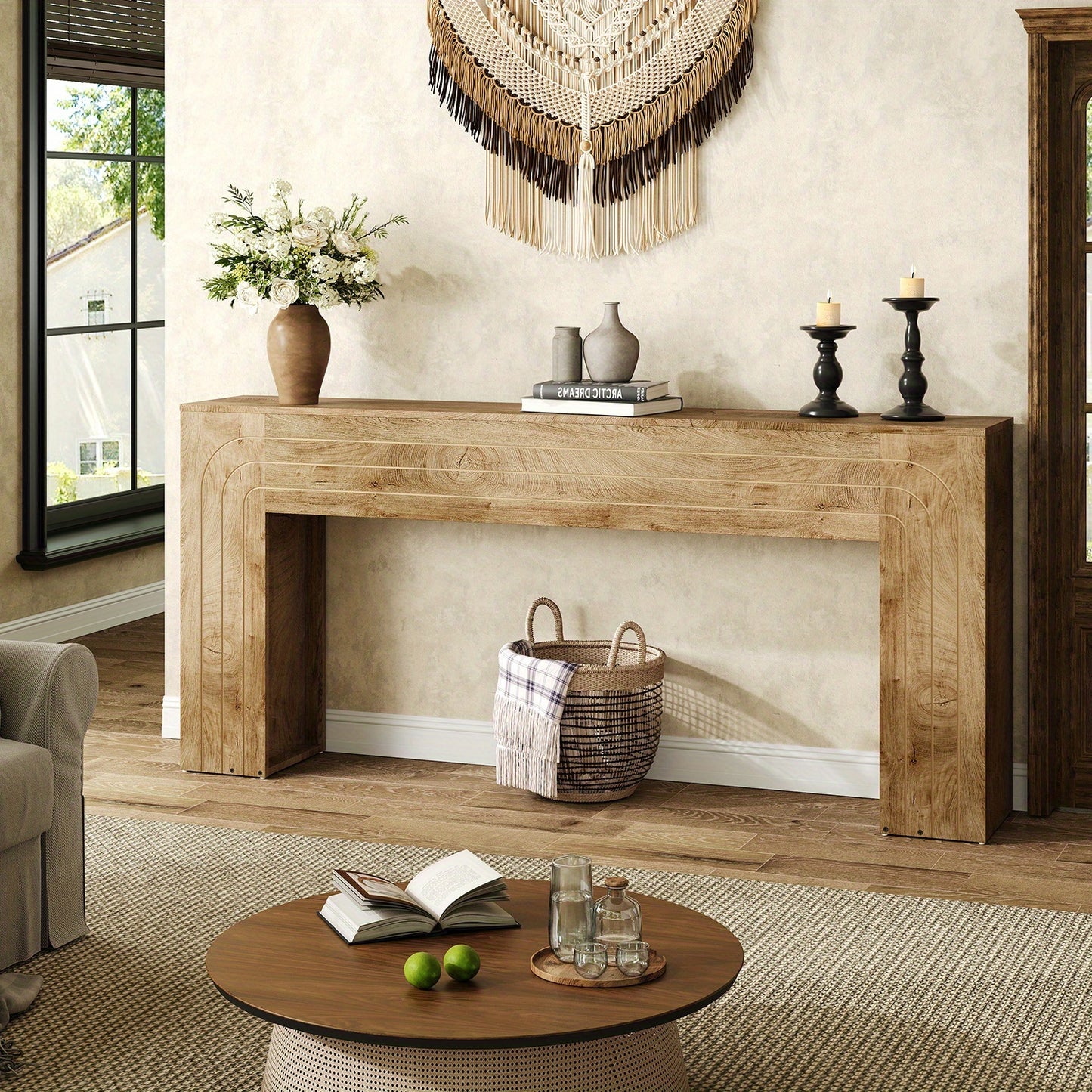 70.9" Modern Farmhouse Console Table Narrow Entryway Table with Handcrafted Line Design - Wood Grain MDF/ Sofa Table Suitable for Hallway, Living Room, Behind Couch - Space-Saving Assembly-Friendly Furniture