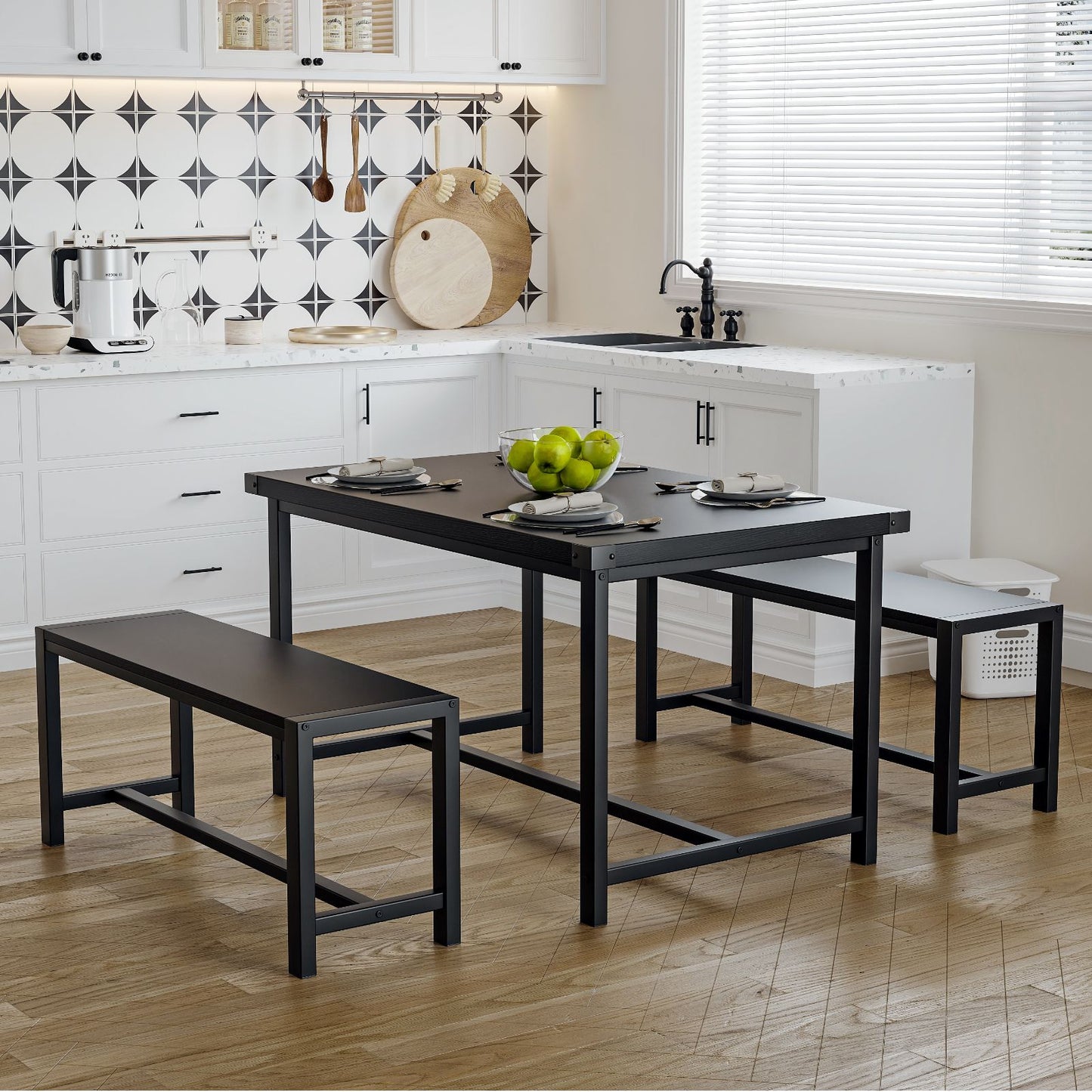 Modern Farmhouse 3pcs Dining Set for 4 with Steel Frame, Space-Saving Benches, and Tabletop, Perfect for Small Apartments and Dinette Areas, Easy Assembly, Dining Table