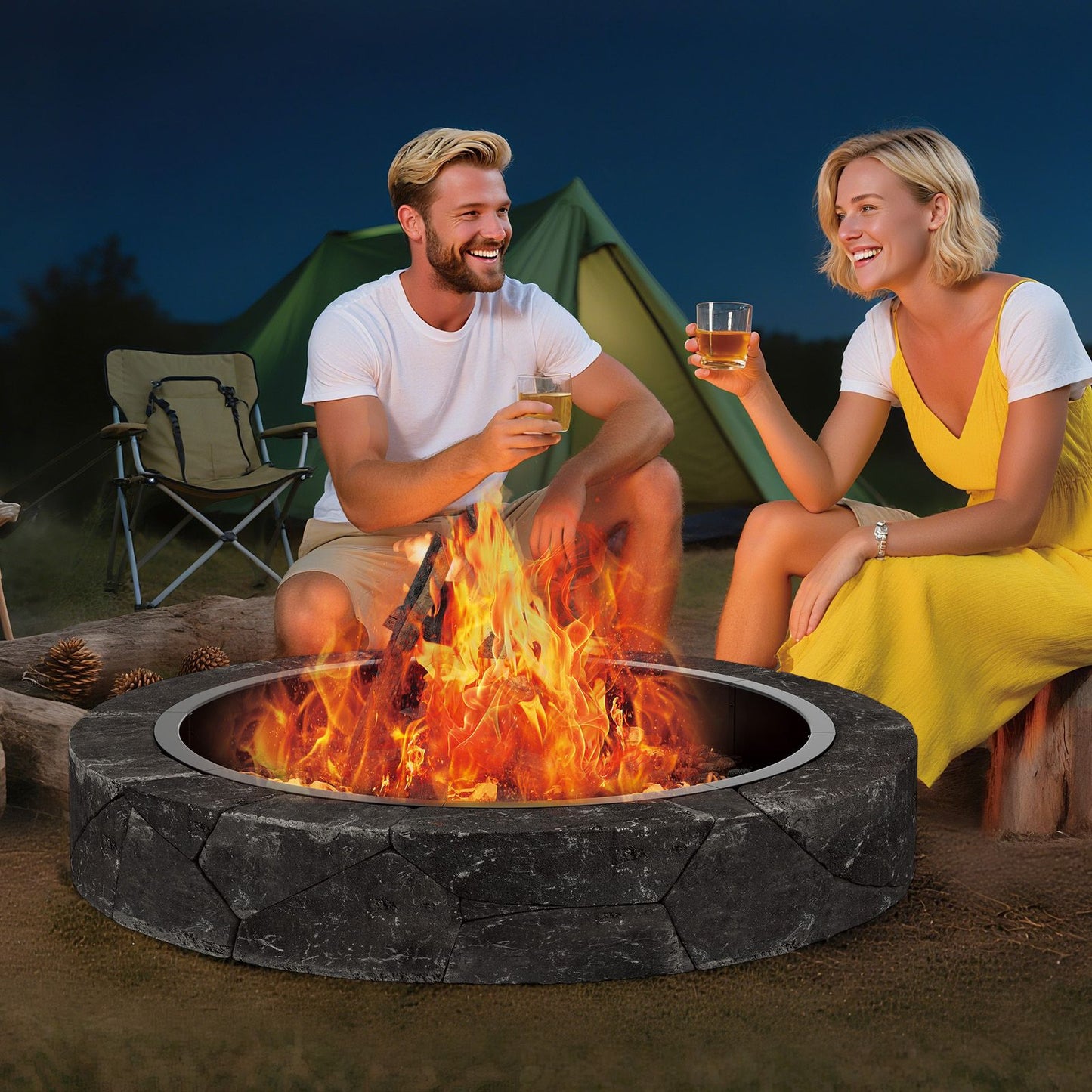 48 Inch Heavy-Duty Rust-Resistant Steel Fire Pit Ring Suitable for Backyard & Camping - Outdoor Fire Pit with Ventilation Holes, Smokeless, Tool-Free Assembly for,, Bonfire - Easy DIY Assembly for Cleaner Burning