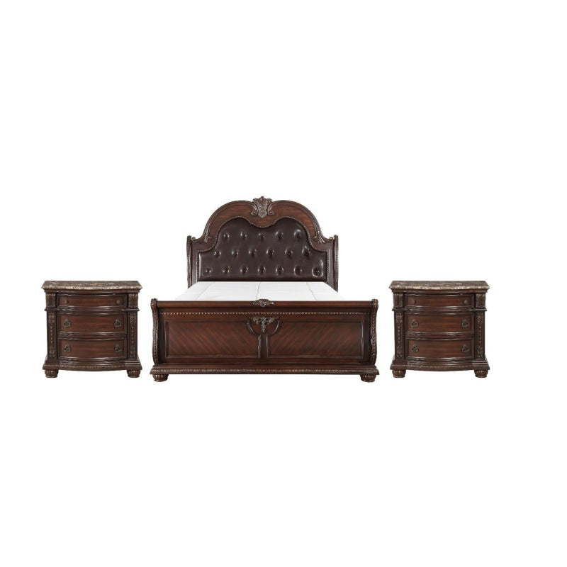 1pc Traditional Style Faux Leather Upholstered Headboard | Button Tufted, Antique Brown End, Formal Queen Sleigh Bed, Vintage Style