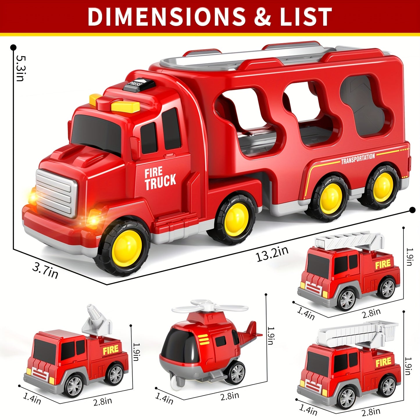 Fire Truck Toys for 3 4 5 Boys Toddlers, 5in 1 Kids Carrier Fire Trucks Cars for Boy Toys Birthday, Car Trucks Friction Power Toys with Light Sound