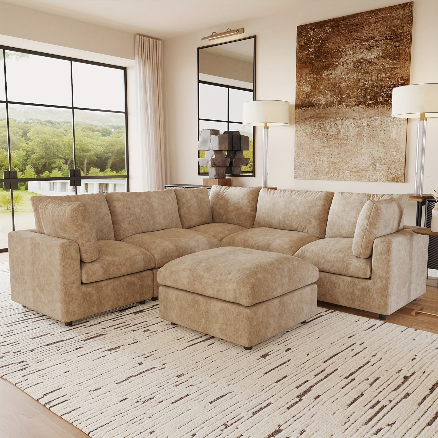 Modular Sectional Sofa Cloud Couch, Oversized 5 Seater Sofa with Ottoman, Extra Large V Shaped Deep Seat Sectional Couches for Living Room, Sofa Covers Washable&Removable