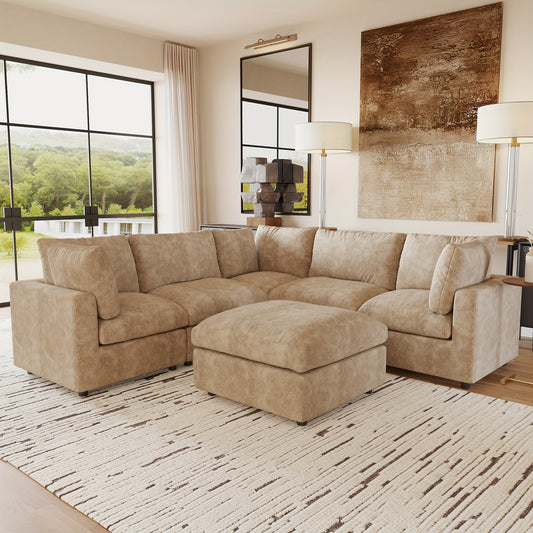 Modular Sectional Sofa Cloud Couch, Oversized 5 Seater Sofa with Ottoman, Extra Large V Shaped Deep Seat Sectional Couches for Living Room, Sofa Covers Washable&Removable