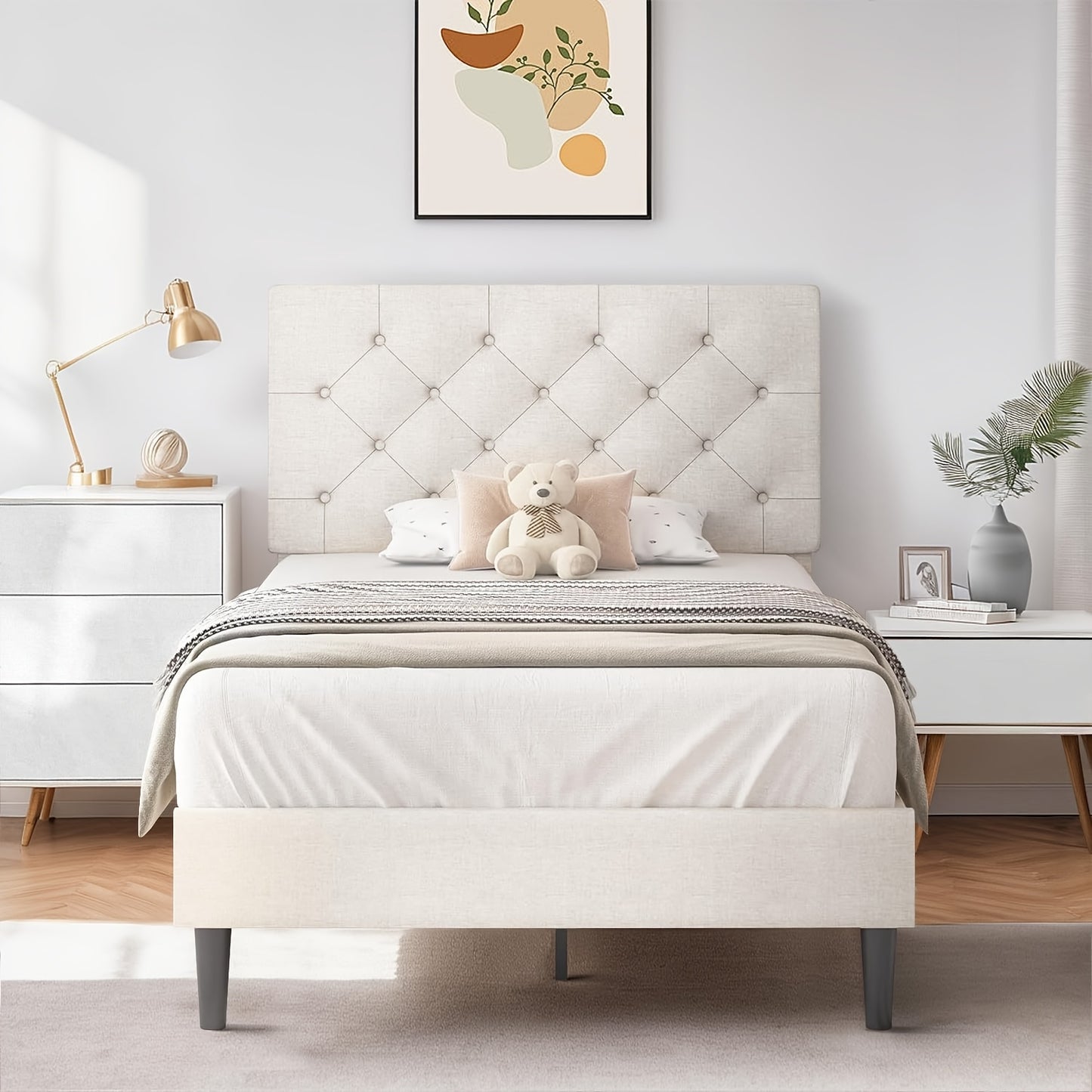 Twin/Full/Queen/King Size Bed Frame With Headboard, Linen Fabric Upholstered Bed Frame With Wood Slats(mattress Not Included), Halloween Decor, Wood Slats For Easy Assembly, Button Tufted, White/Blue/Dark Gray/Light Gray/Pink