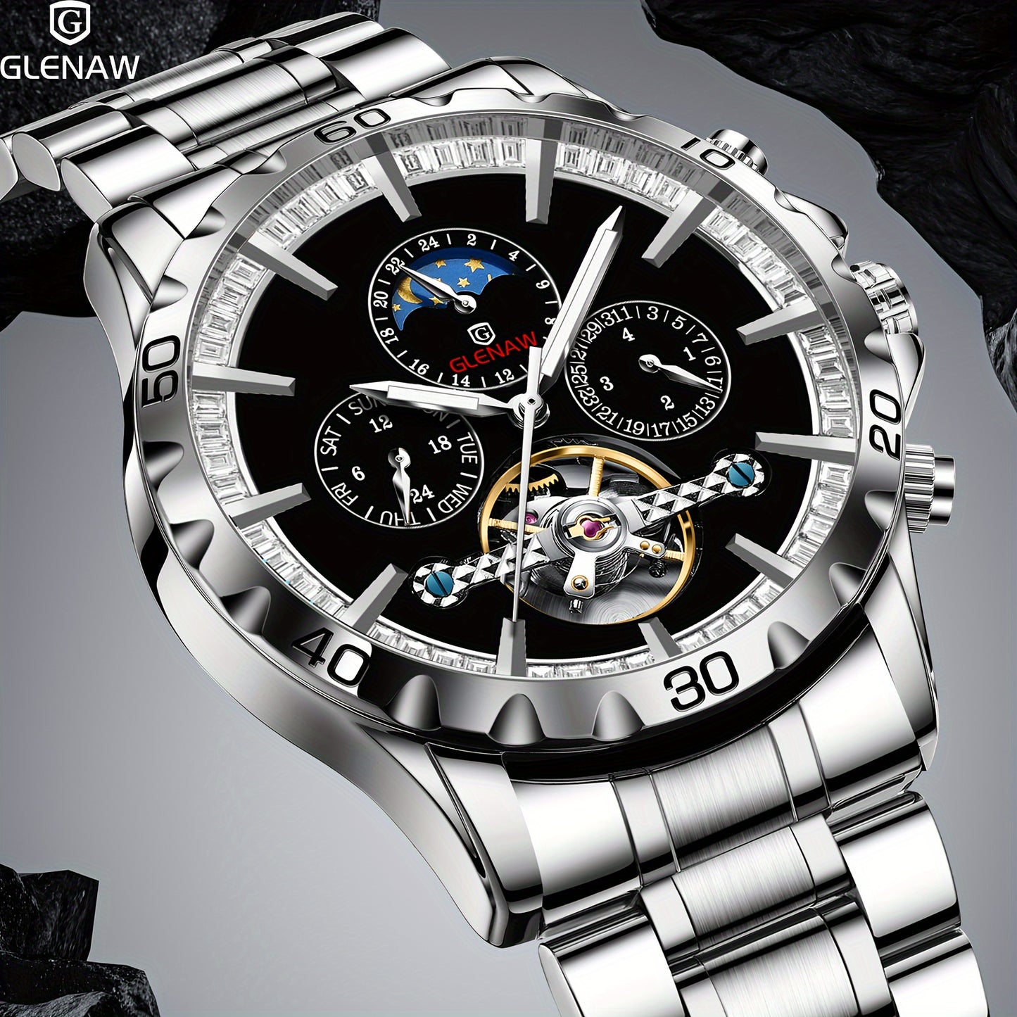 Automatic Men's Watch With Stainless Steel Strap, Multifunctional Men's Watch With Hollow Automatic Winding Mechanical Watch, Displaying Date, Day Of The Week, Month, And Stars.