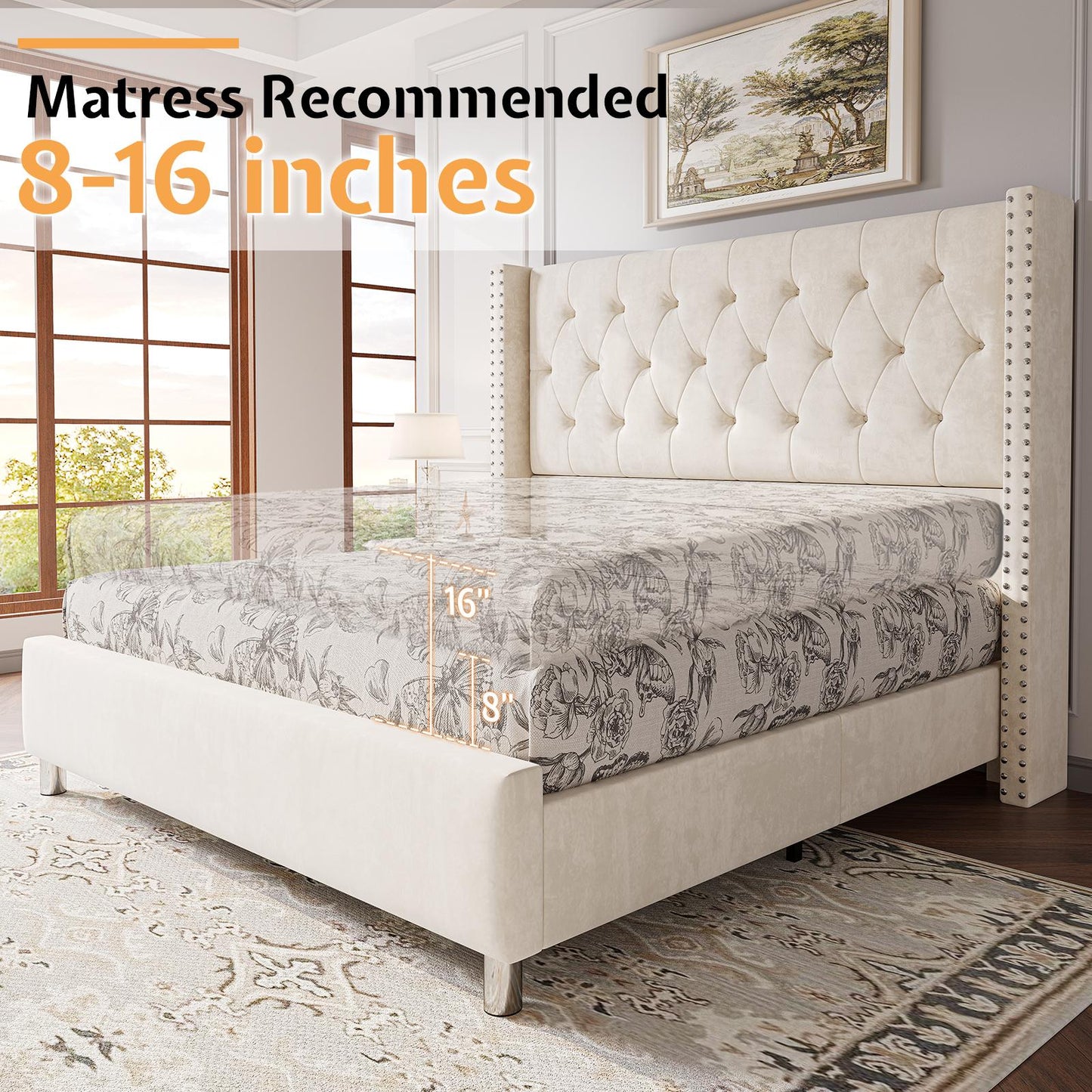 ALBOTT Modern Luxury Queen/King Size Upholstered Platform Bed Frame with 50" Tall Wingback Headboard - Dark Brown/Black Velvet, Button Tufted & Nailhead Trim, Sturdy, No Box Spring, Easy Assembly (Queen/King