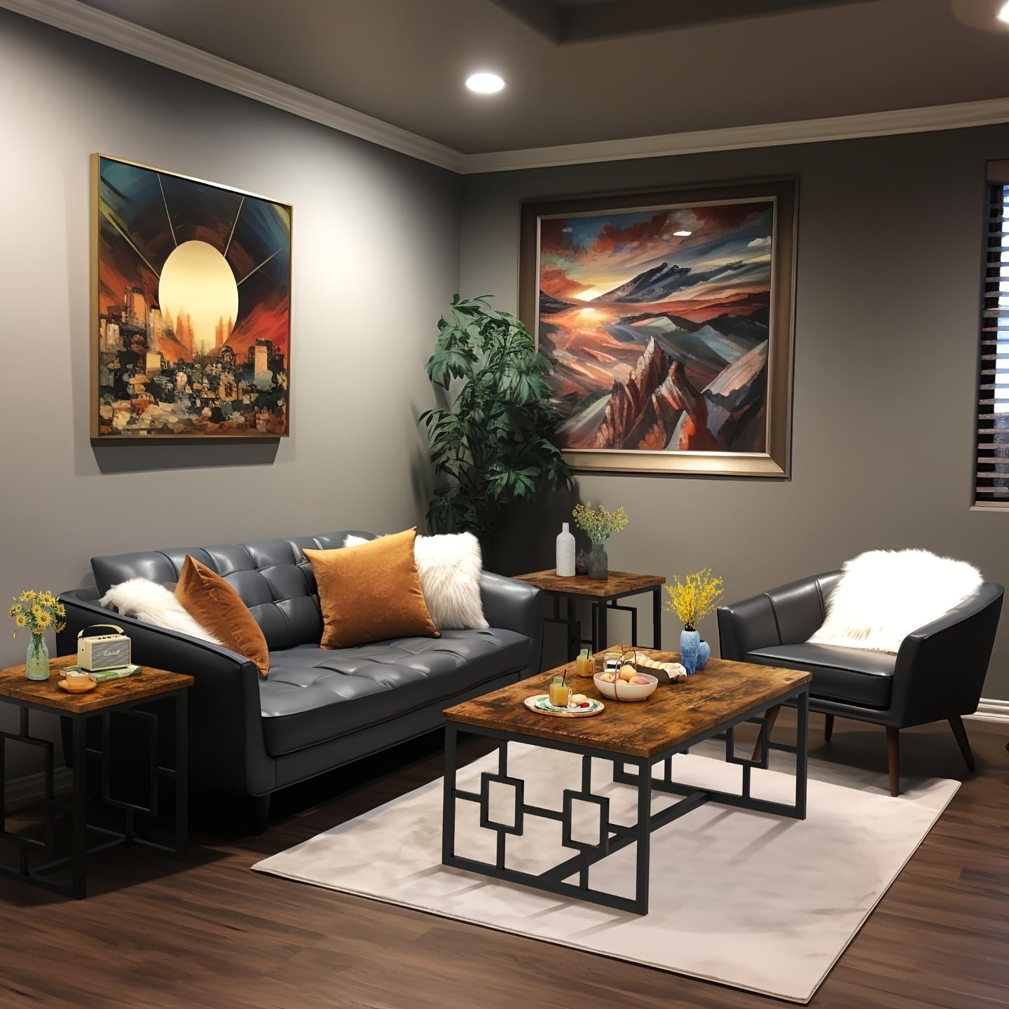 3pcs Living Room Coffee Side Table Set, Mid-Century Modern Coffee Table Set with 2 End Table for Small Space, Space-Saving Side Table Set with MDF Broad & Metal Frame for Living Room, Dining Room, Bedroom, Brown