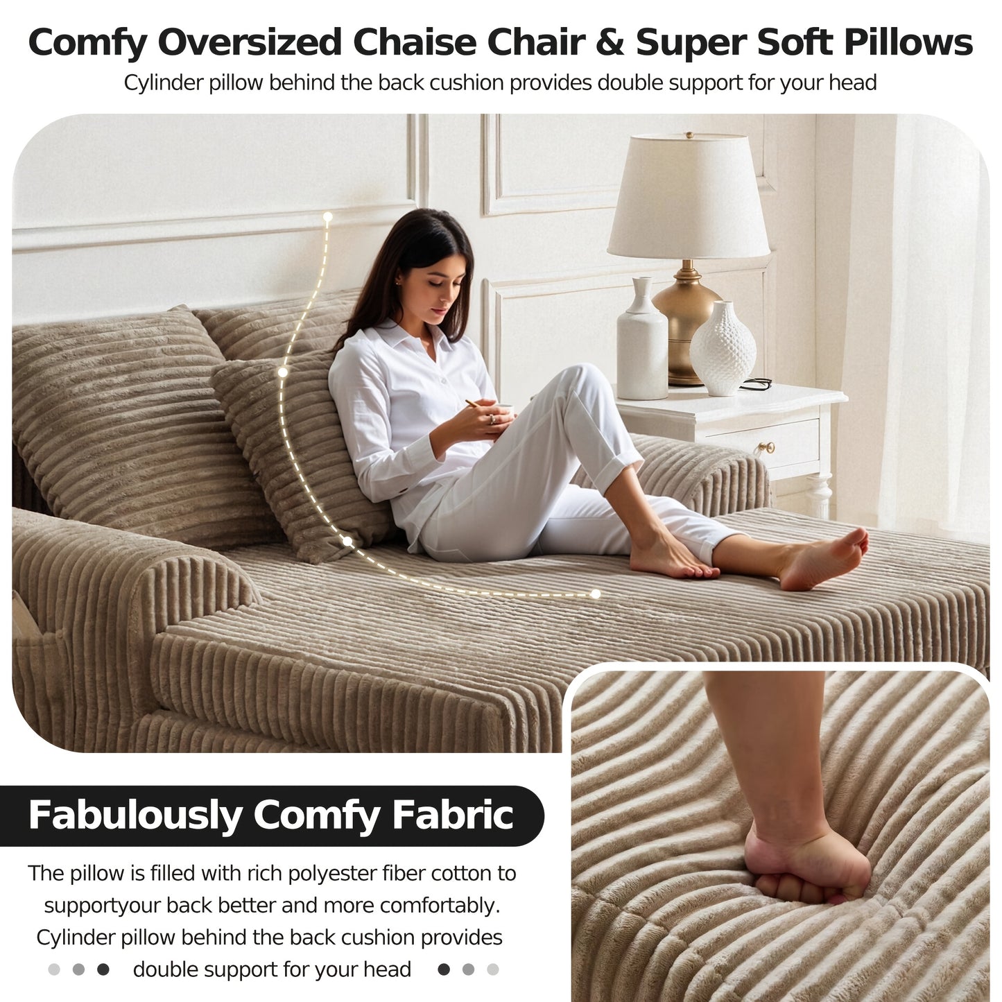 Chaise Lounge Chair Indoor, Corduroy Upholstered Deep Seat Sofa Couch, Cloud-Soft Boneless Lounger, Comfy Reading Chairs For Living Room & Bedroom, No Assembly Required