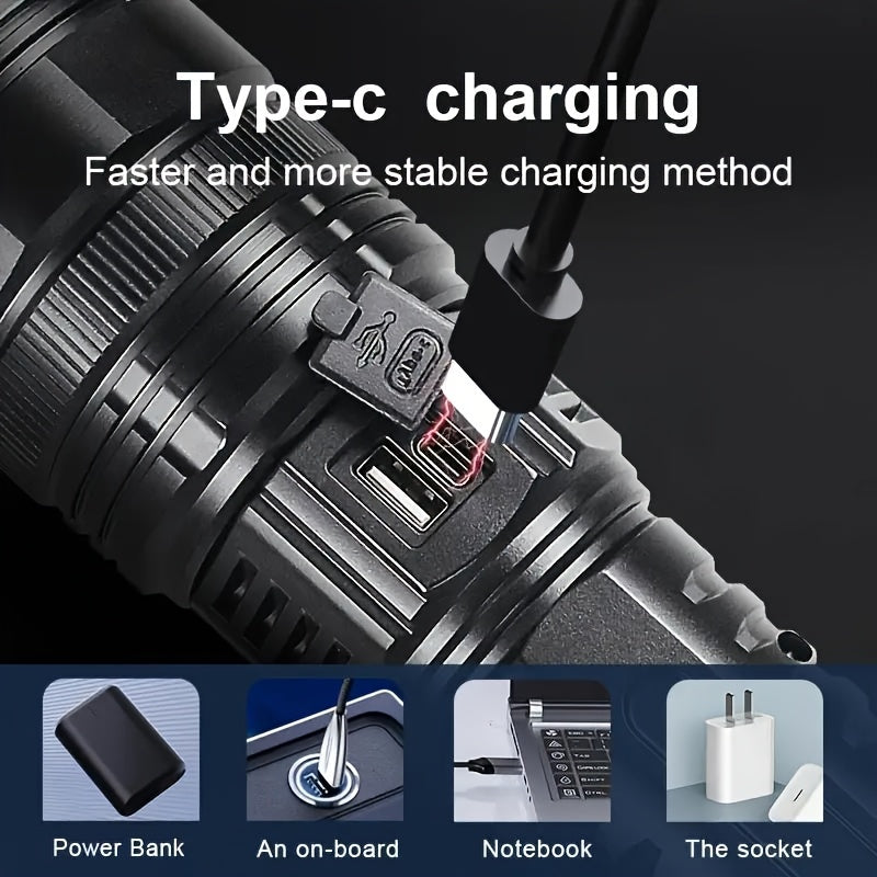 Tactical Rechargeable LED Flashlight with COB Light - Long-Range Spotlight, -C Fast Charging, - Power Bank, Durable IP-like Black Cylindrical Design & Cable Included for Camping, Emergency, Outdoor, Headlamp (Type-C Charging