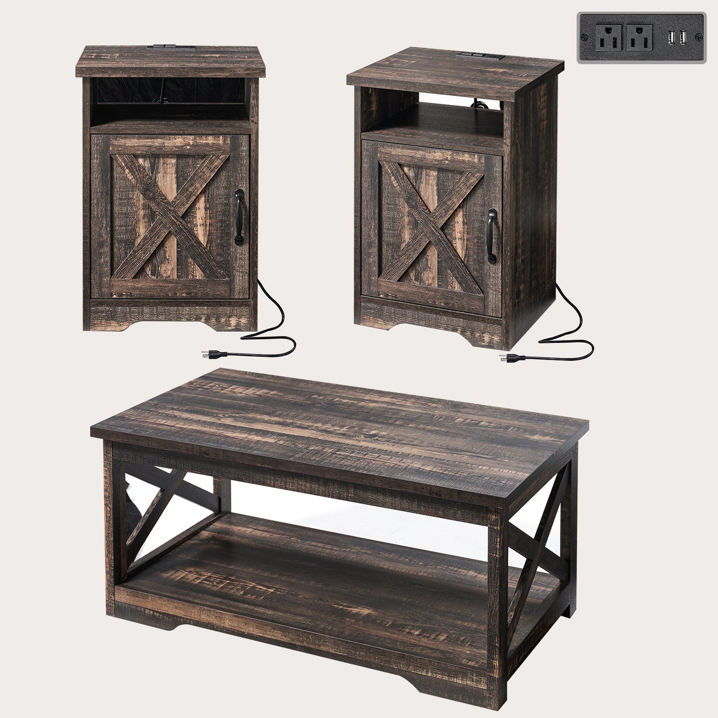 ALBOTT 3pcs Farmhouse Table Set Includes Coffee Table And Two End Tables Side Table with Charging Station And USB Ports for Living Space