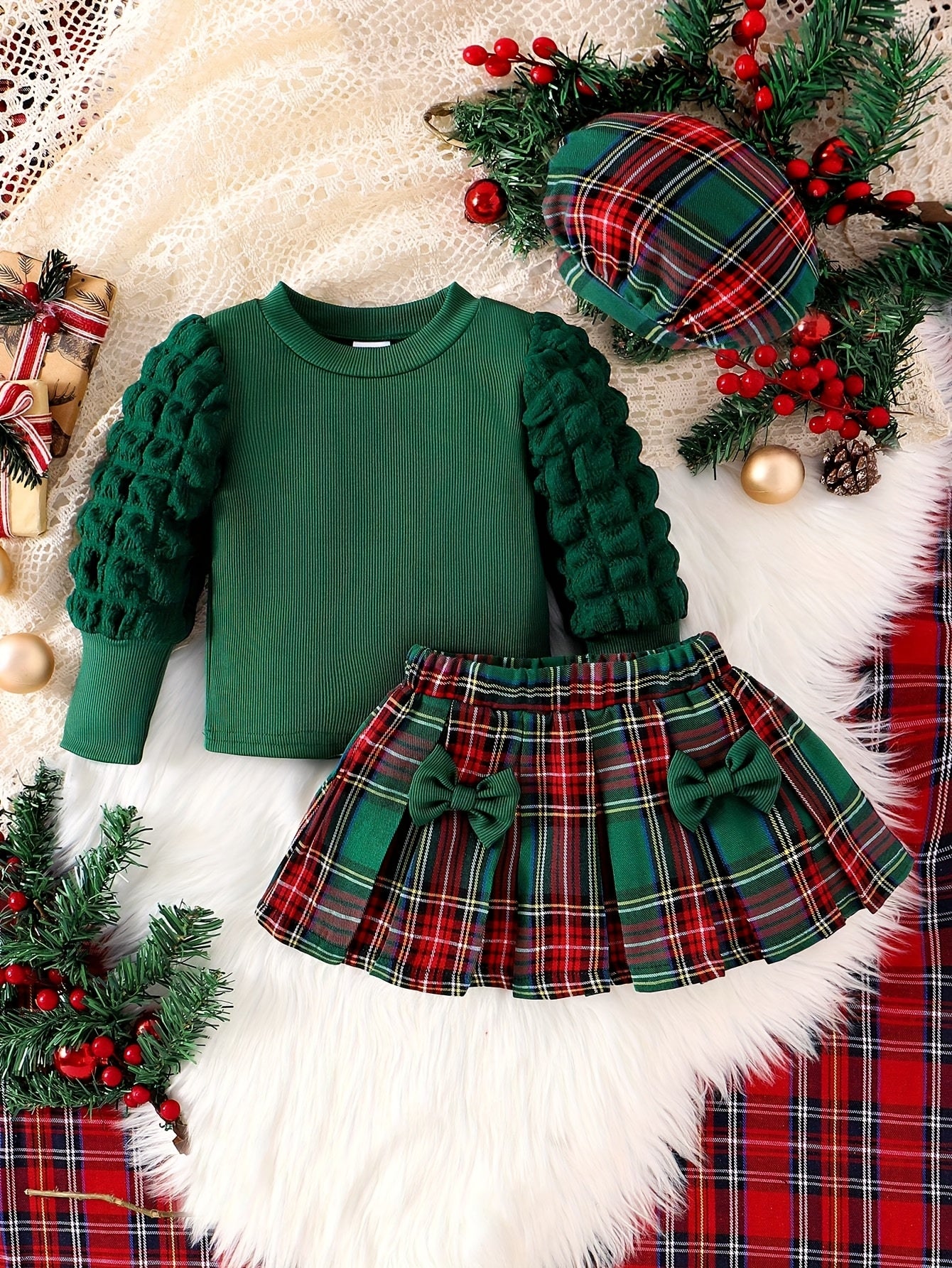 3pcs Baby Girl Scottish Tartan Outfit Set - Plaid Skirt & Bow Dress with Matching Hat, Elastic Waist Umbrella Skirt & Bubble Sleeve Blouse for 0-24 Months (Christmas, to) - Hand Washable, Perfect for Outdoor