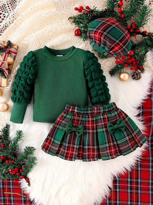 3pcs Baby Girl Scottish Tartan Outfit Set - Plaid Skirt & Bow Dress with Matching Hat, Elastic Waist Umbrella Skirt & Bubble Sleeve Blouse for 0-24 Months (Christmas, to) - Hand Washable, Perfect for Outdoor