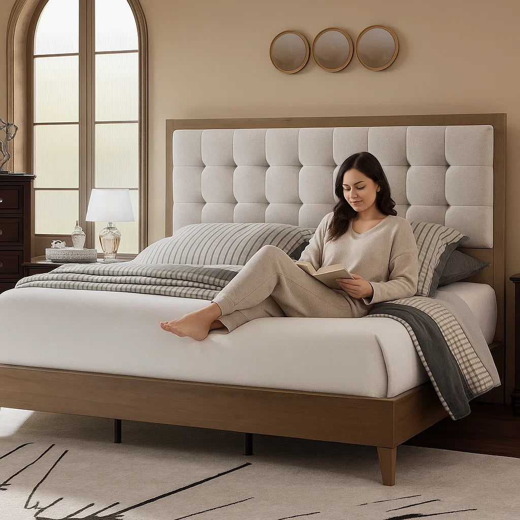 ALBOTT Wooden Bed Frame, High Upholstered Tufted Headboard, Sturdy Wood Platform, No Box Spring Required