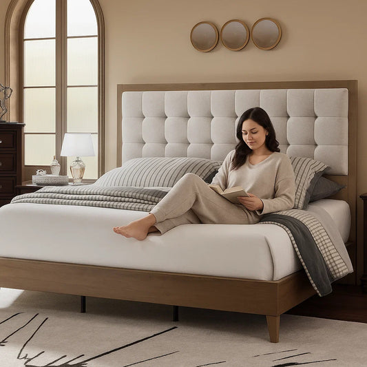 ALBOTT Wooden Bed Frame, High Upholstered Tufted Headboard, Sturdy Wood Platform, No Box Spring Required