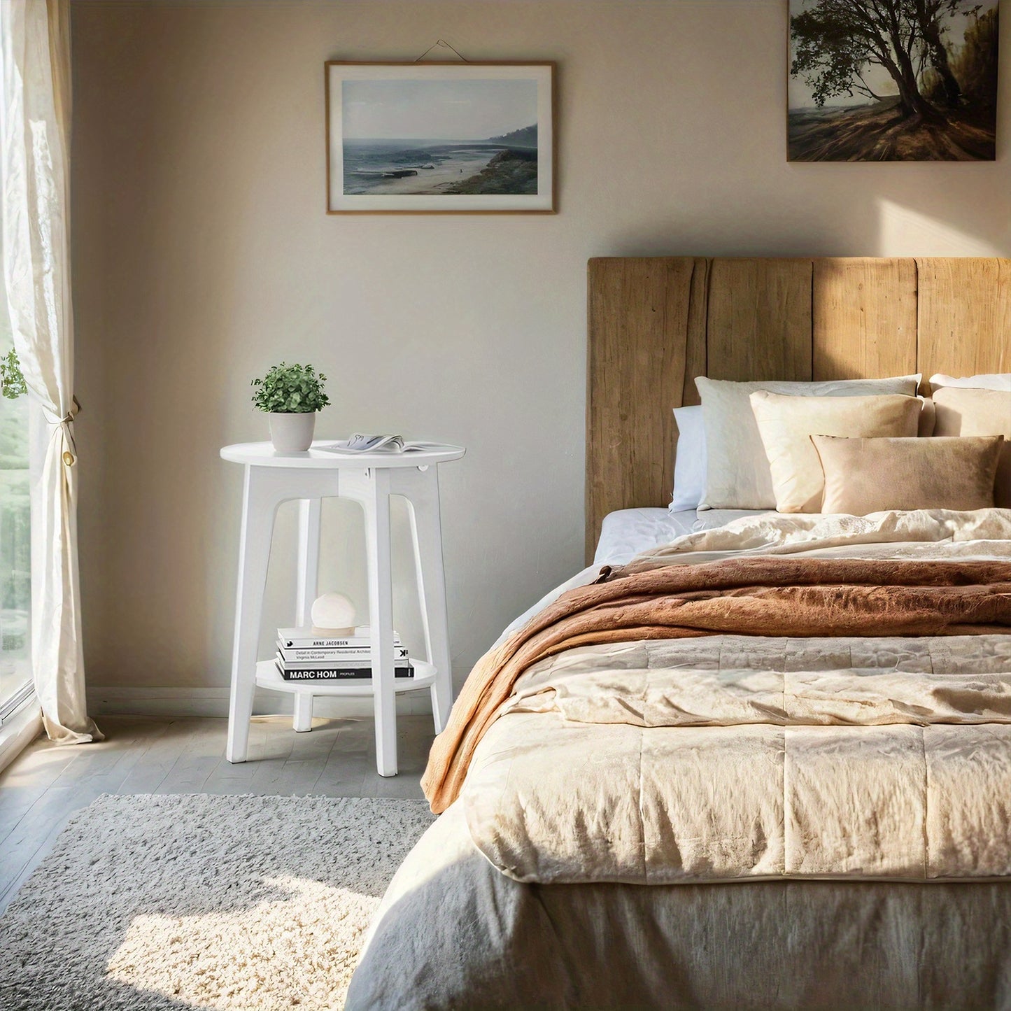 Side Table,  Round End Table with Lower Shelf, Nightstand for  Spaces, Living Room, Bedroom