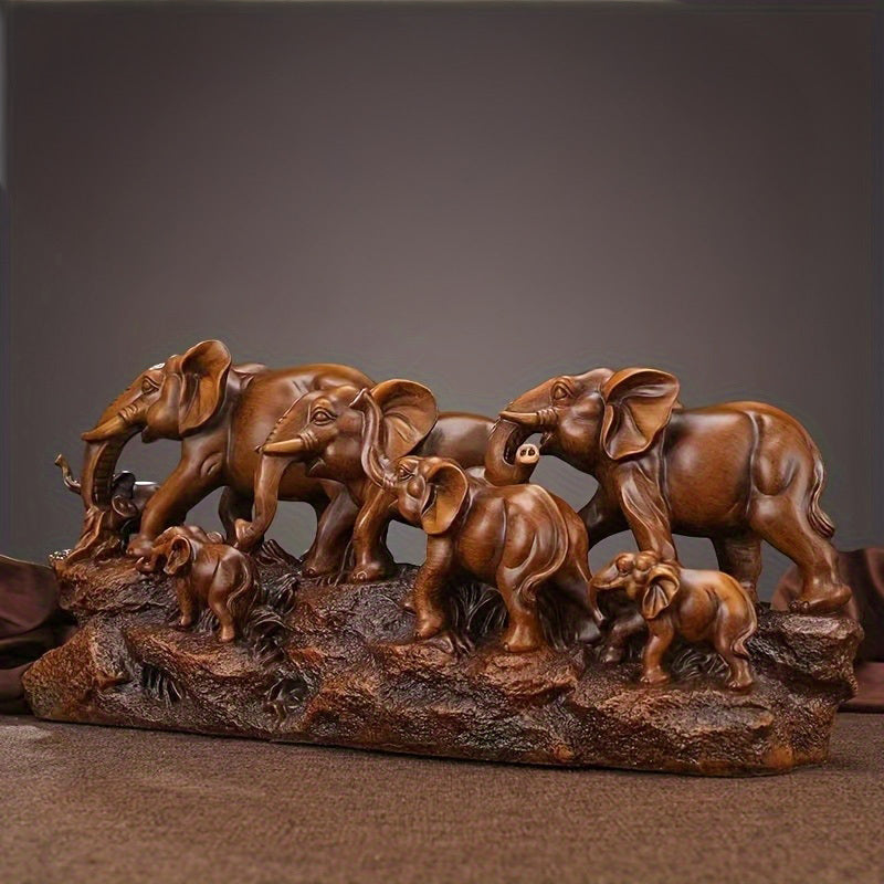 1pc Auspicious Elephant Group Ornament - Resin Figurine with 6 Adorable Elephants, Perfect for Living Room, TV Cabinet, Wine Cabinet, Office Decor - Ideal Housewarming Gift, Indoor & Outdoor Use, No Electricity Needed, Elepha