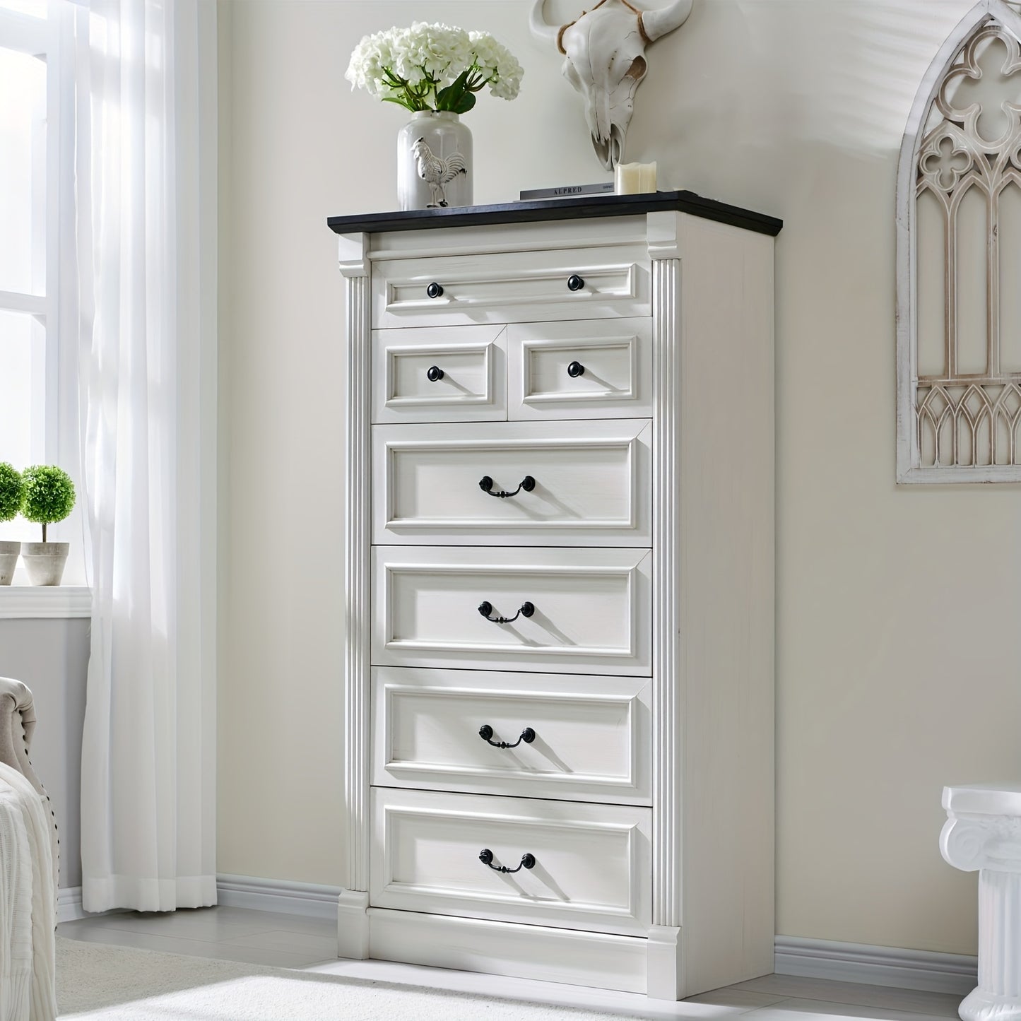 57" Tall Farmhouse Dresser with 7 Drawers, Wooden Storage Chest Featuring Roman Columns for Bedroom Or Hallway | Wooden Decoration
