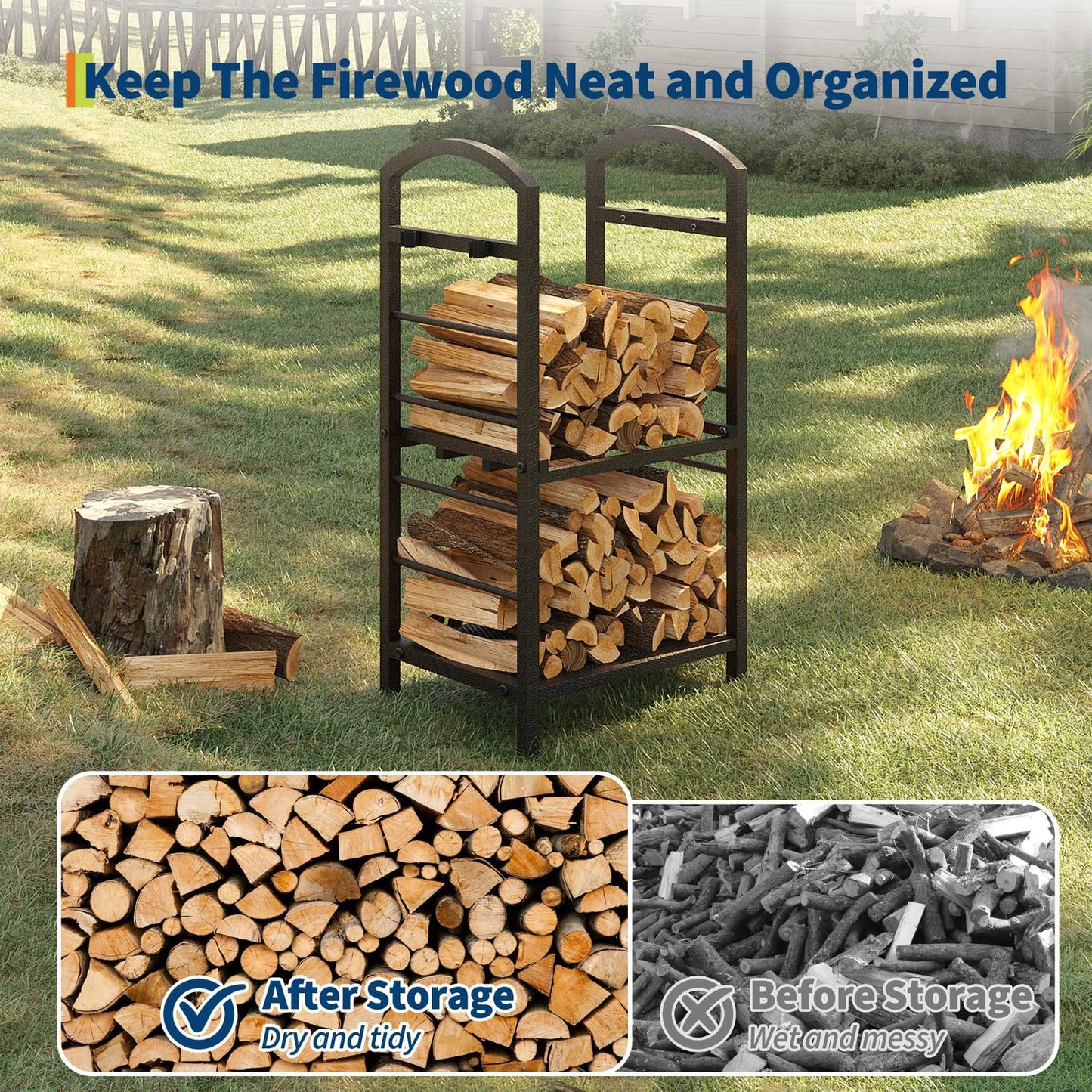 30 Inch Large Metal Firewood Rack | High Capacity Fireplace Log Storage with Kindling Hooks, Durable Wood Storage Organizer, Multipurpose Use, GAOMON Brand