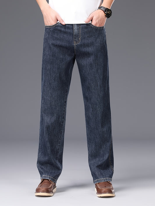 Men's Lyocell Stretch Denim Straight-Leg Jeans - All-Season Business Casual Pants with Button Detail, Machine Washable, Classic Regular Fit & Solid Color Design, Versatile for Office & Casual Attire, Durable Fabric Pants, Tim