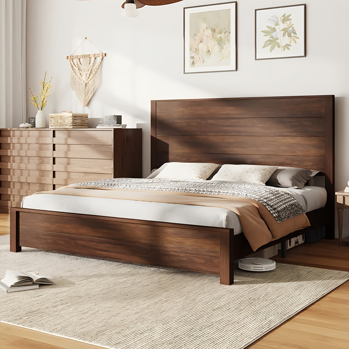 Wooden Platform Bed Frame Featuring a Joined Headboard, Rustic Style, Silent Wood Slat Support, And Does Not Need a Box Spring
