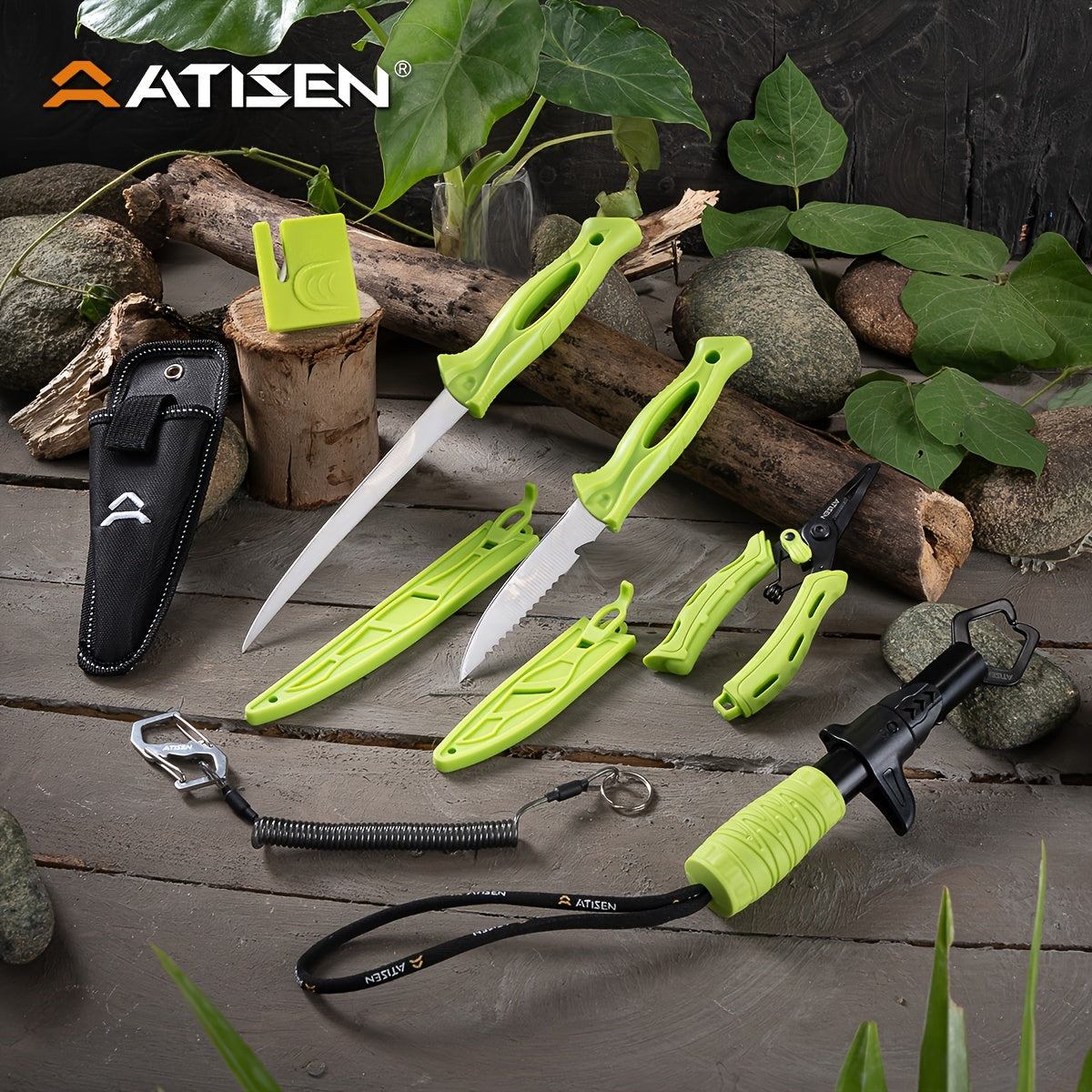 ATISEN 10/16pcs Professional Fishing Knife Set, Fish Angle Knife Set - for Filleting And Boning Fish, Dishwasher Safe - Filleting Knife, Road Runner Pliers, Fish Lip Gripper, Knife Sharpener, Retractable S-Buckle W/Harness Gi
