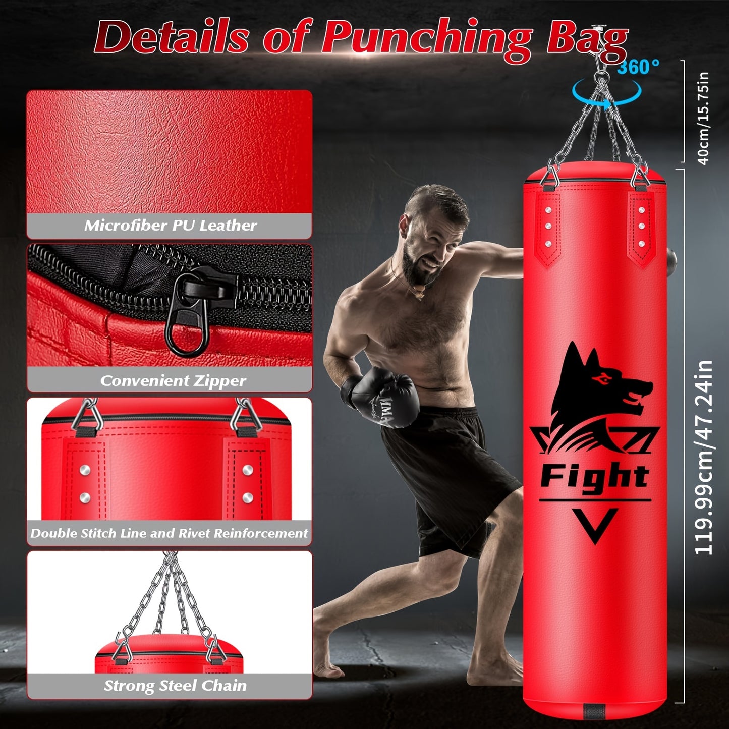Hanging Punching Bag For Adults, Super PU Leather Boxing Training Equipment Heavy Bag With 12OZ MMA Gloves, Unfilled Kicking Bag Boxing Set For Training Karate Kickboxing Muay Thai