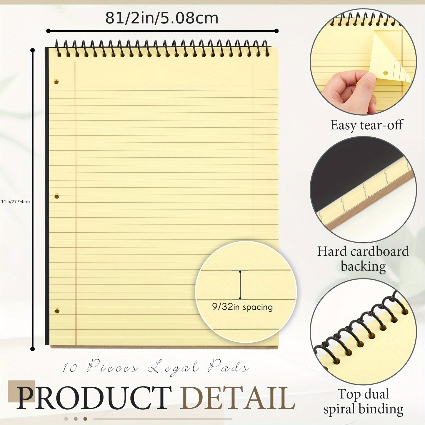 10pcs Legal Pads 3 Hole Punched Top Bound Spiral Notebook Tear Line For Easy Removal 8.5 X 11 In Hard Cardboard Paper College Ruled Notepad Spiral Note Pad For Office School And Closeout