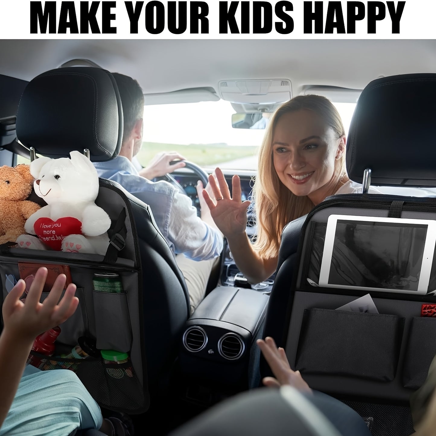 2-Count Backseat Car Organizer with Table Tray & Tablet Holder - 6 Storage Pockets, Kick Mats Protectors, Durable Faux Leather, Classic & Grey, Unisex Travel Accessories for Family Vehicles, Vehicle Organization, Sleek Design