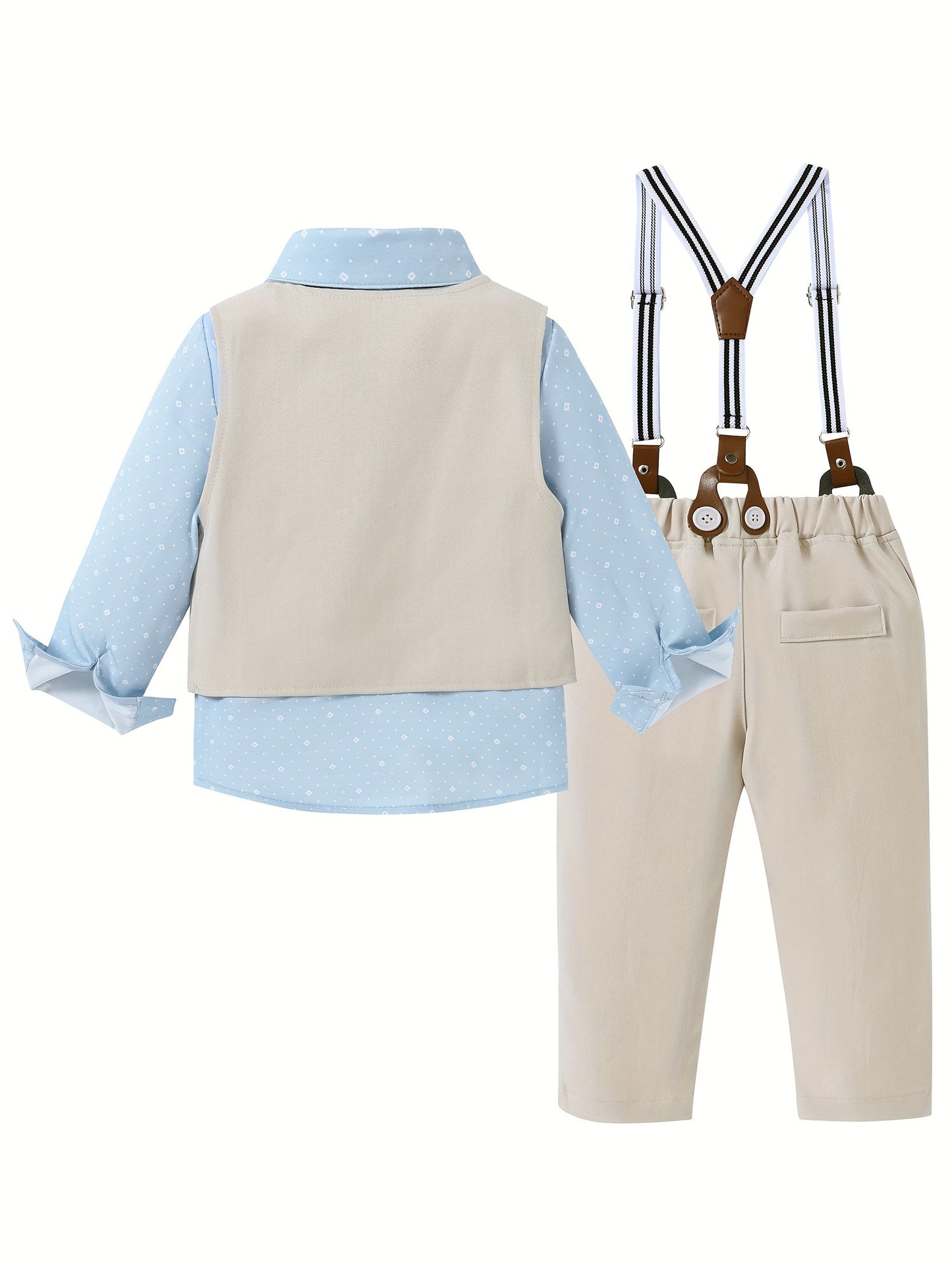 4pcs Boy Clothes Suit Gentleman Wedding Outfits Formal Dress Shirt/Bowtie/Vest/Suspender Pants 1-5T, Special Occasion Outfit, Toddler Wedding Attire, Elegant Toddler Outfit, Classic Baby Suit, Comfortable Toddler Clothes, Dur
