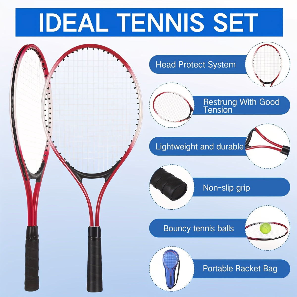 Double-person Junior Tennis Racket Set, Multi-functional Sports Racket, Includes 1 Tennis Training Device, 4 Tennis Balls, 2 Ropes, 3 Replacement Grips, 1 Net Bag. Suitable for Ladies, Gentlemen And Beginners. The Best Gift f