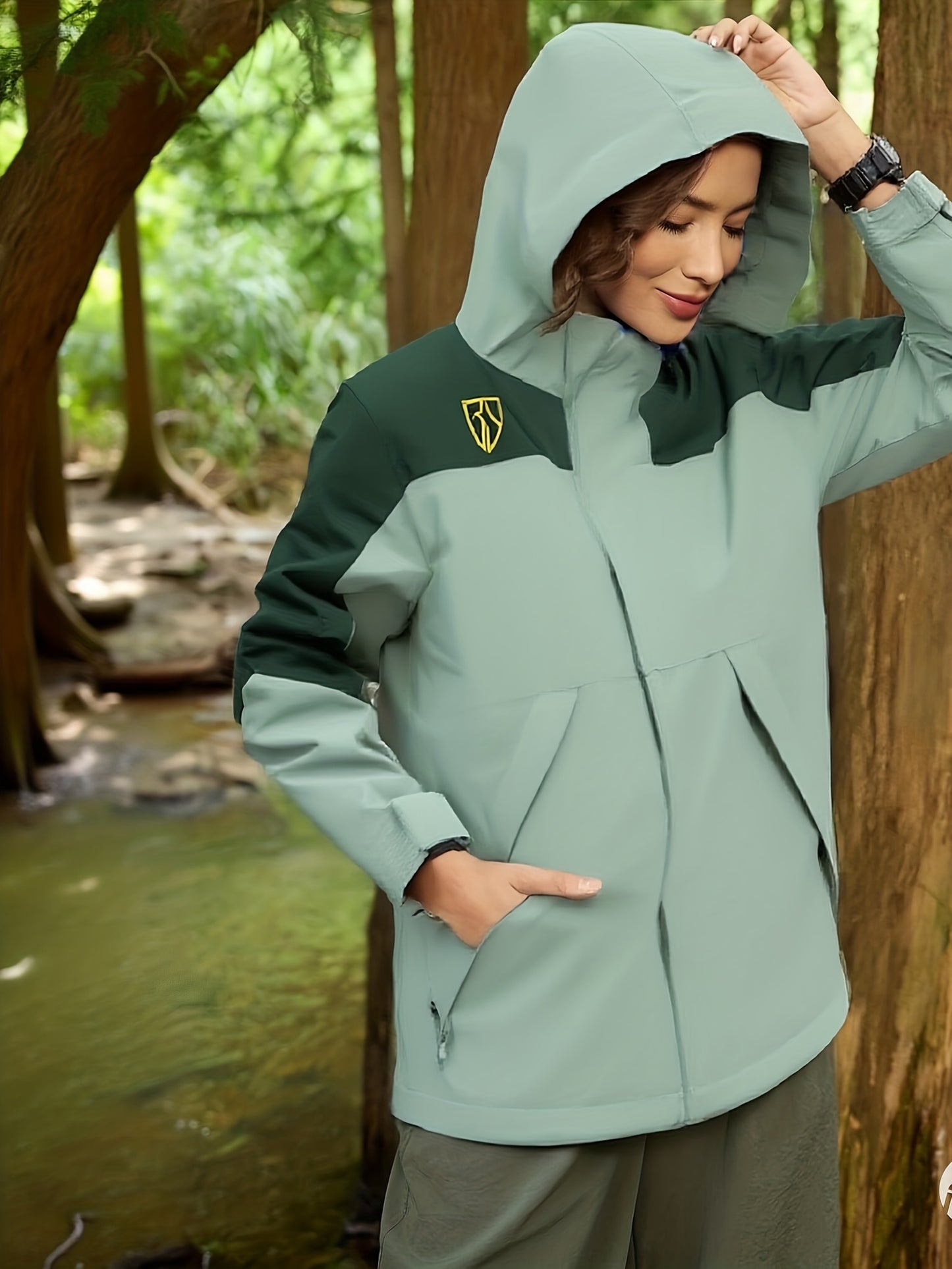 Women's High Quality Windproof Hooded Rain Jacket - Full-Zip Windbreaker Coat with Detachable Hood & Pockets, Lightweight Winter Outerwear for, Travel, Rain - Machine Washable Windproof (Green/Mint/Yellow)