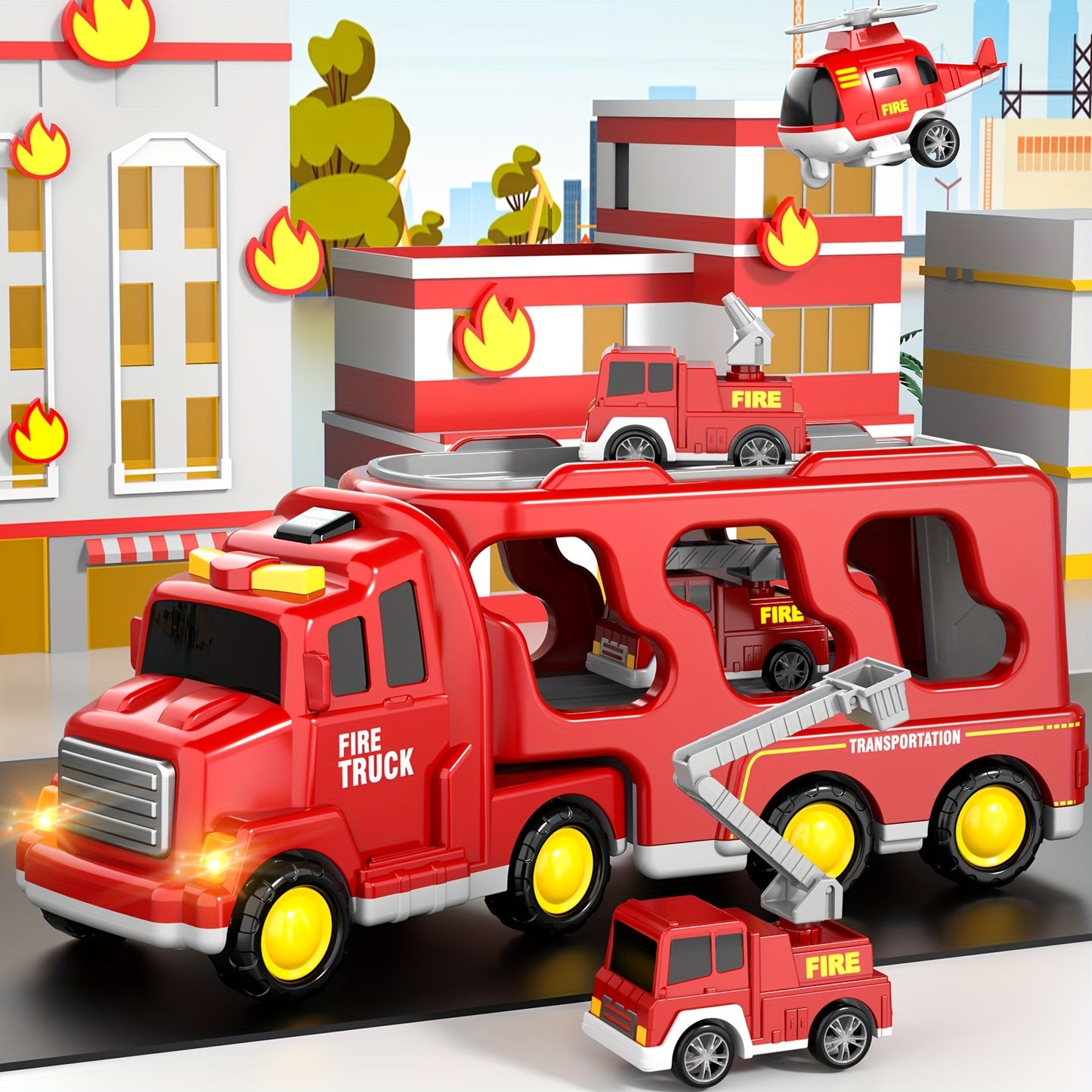 Fire Truck Toys for 3 4 5 Boys Toddlers, 5in 1 Kids Carrier Fire Trucks Cars for Boy Toys Birthday, Car Trucks Friction Power Toys with Light Sound