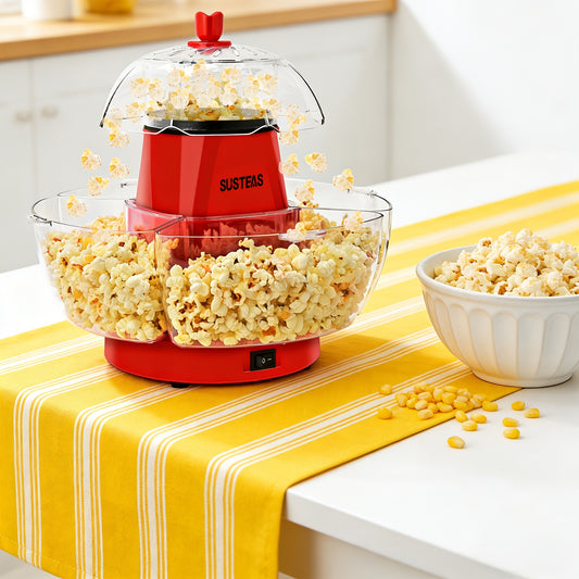 Upgraded Electric Popcorn Machine with 4 Serving Bowls, Quick 5-Min Hot Air Popper, Easy-Clean Snack Machine for Healthy Oil-Free Popcorn, Ideal for Movie Nights, Parties, Game Days, Family Gatherings, Everyday