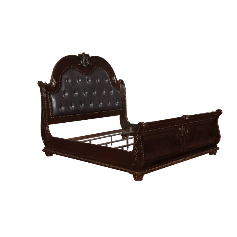 1pc Traditional Style Faux Leather Upholstered Headboard | Button Tufted, Antique Brown End, Formal Queen Sleigh Bed, Vintage Style