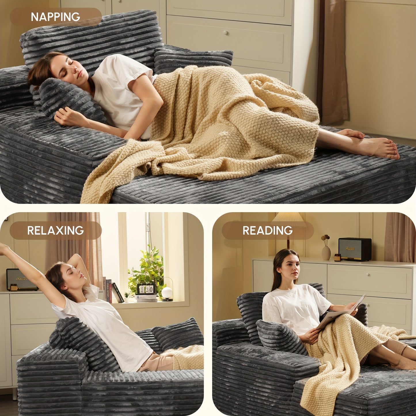 67" Oversized Boneless Lounge Chaise - Corduroy/Plush Fabric/Teddy Fleece Floor Couch with Pillows And Armrests | Deep Seat Single Sofa Bed with High Density Sponge Cushion | U Sleeper Couch for Living Room, Apartment, Bedroo