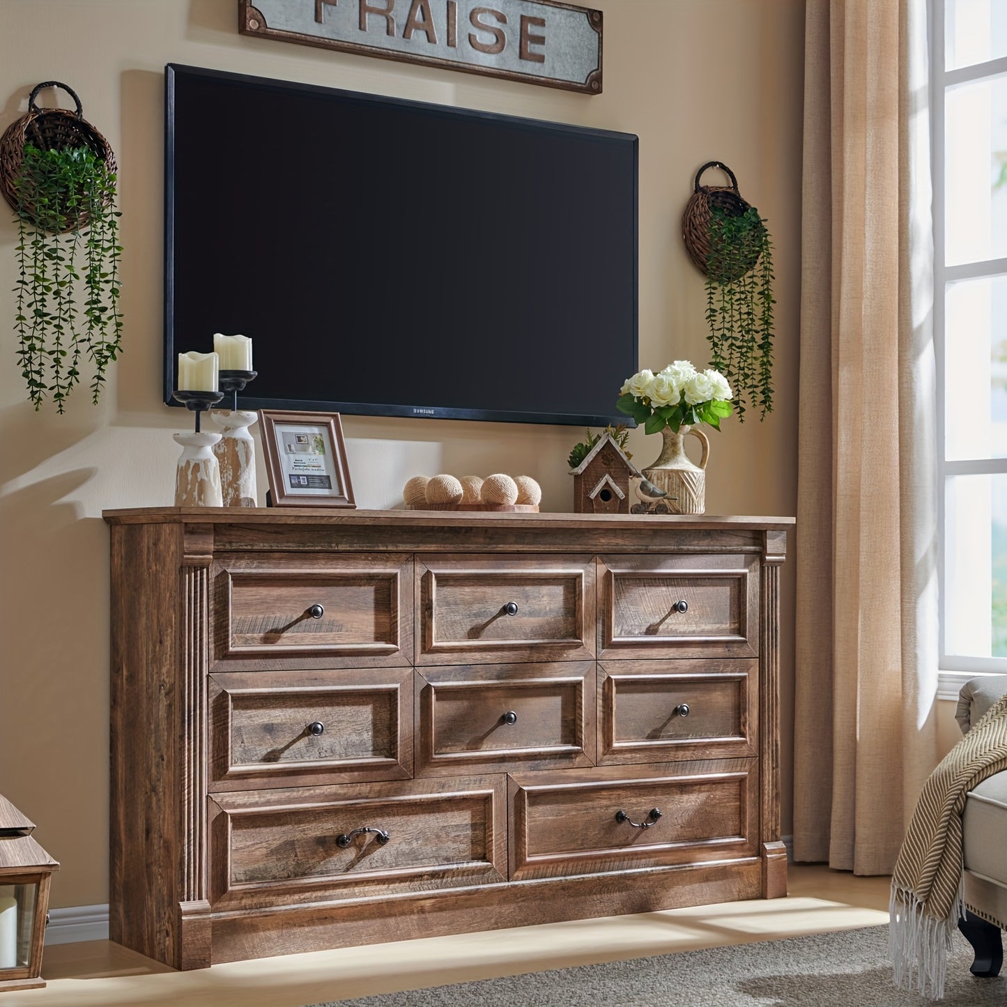 [8-Drawer Wood Chest] Farmhouse 8 Drawers Dresser, 61" Wide Wood Chest Large Storage Dressers W/Roman Column for Bedroom, Hallway | Wooden Decor, Hallway Furniture, Bedroom Storage, Rustic Decor, Classic Design, Durable Craft