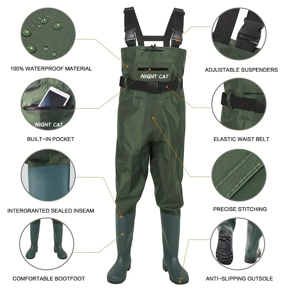 Night Cat Unisex Wading Pants | Breathable and Lightweight Nylon Chest Waders with Boot Leg Straps for Fishing, Hunting, Farms | Sizes 6.5-13, Green